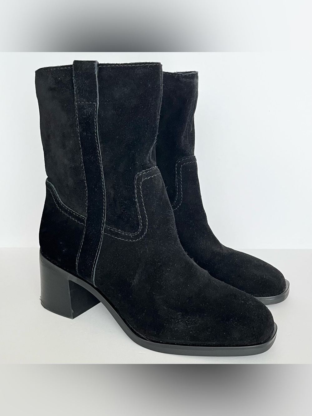 Steve Madden Women's Romney Suede Booties Boots Black 8.5 Square Toe Chunky Heel